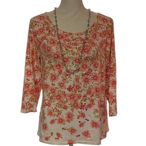 TALBOTS Floral Patterned Tunic Blouse 3/4 Length Sleeves PNK/WHT Size LG